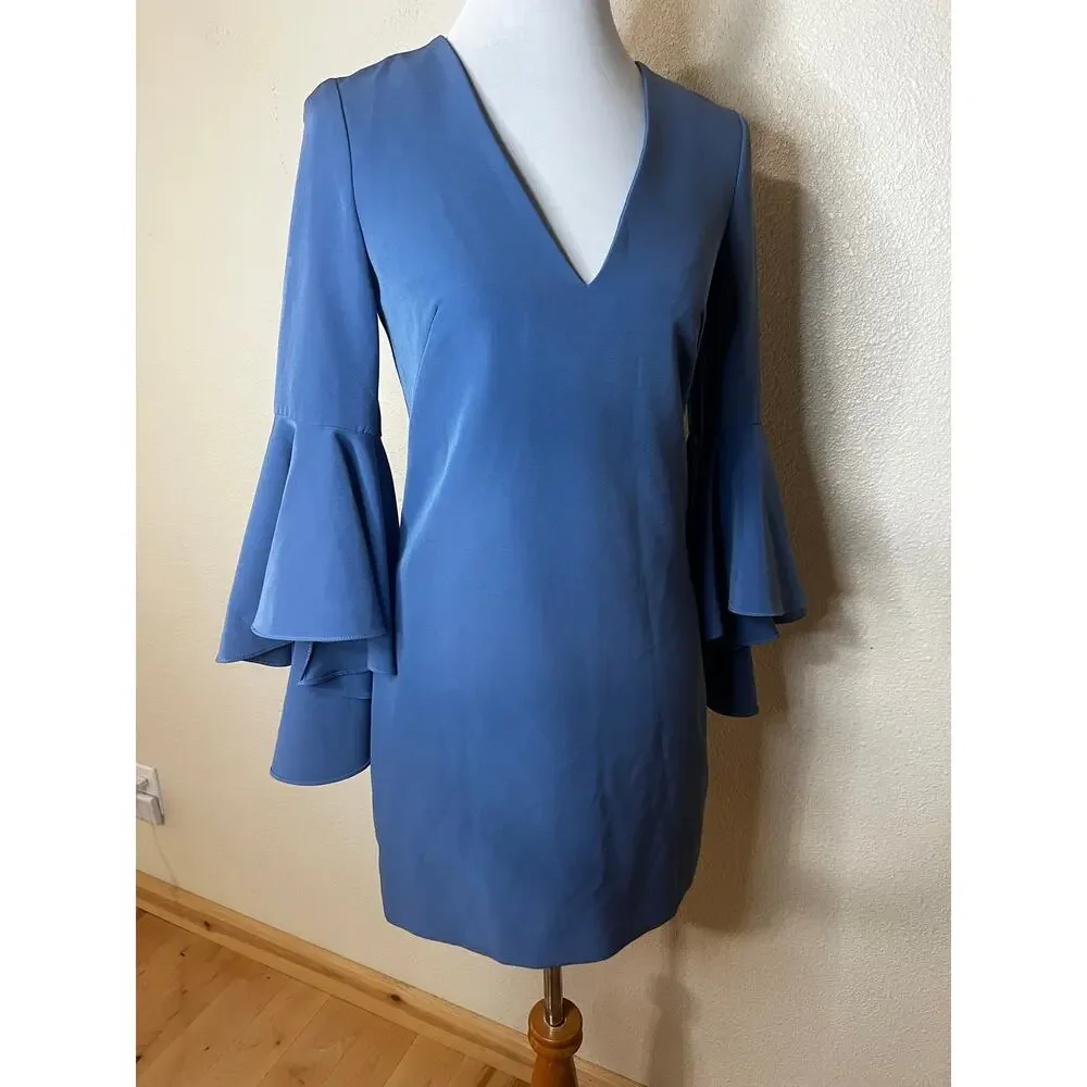 MILLY Nicole Bell Sleeve Shift Mini Dress in steel blue WOMENS 2